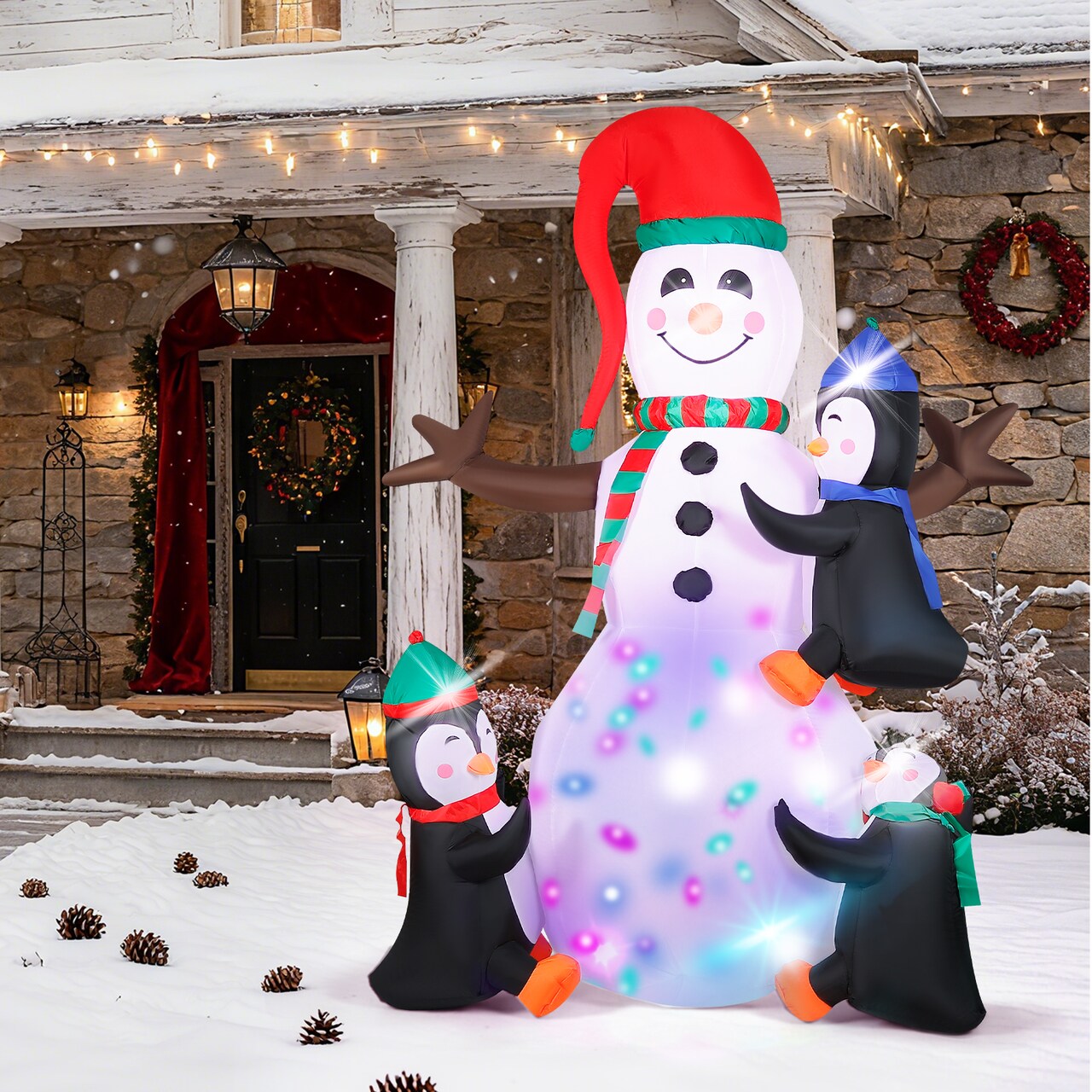 7ft Inflatable Snowman with 3 Penguin Friends – Colorful LED Light Show, Outdoor Christmas Yard Decor for Winter Festivities